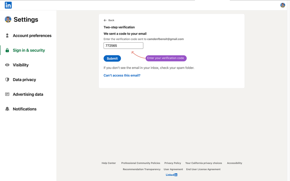 LinkedIn email verification