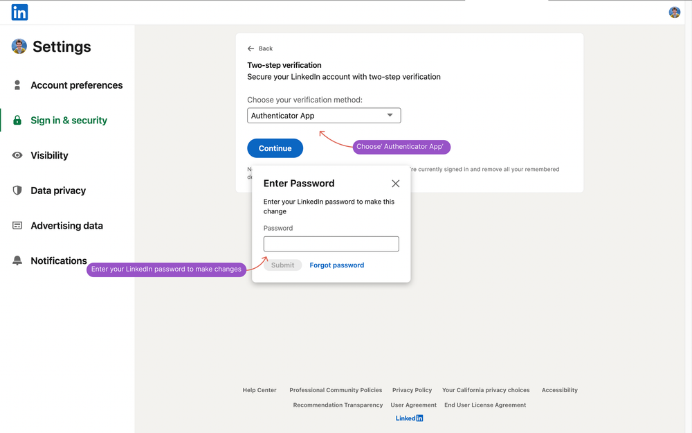 LinkedIn 2FA method selection