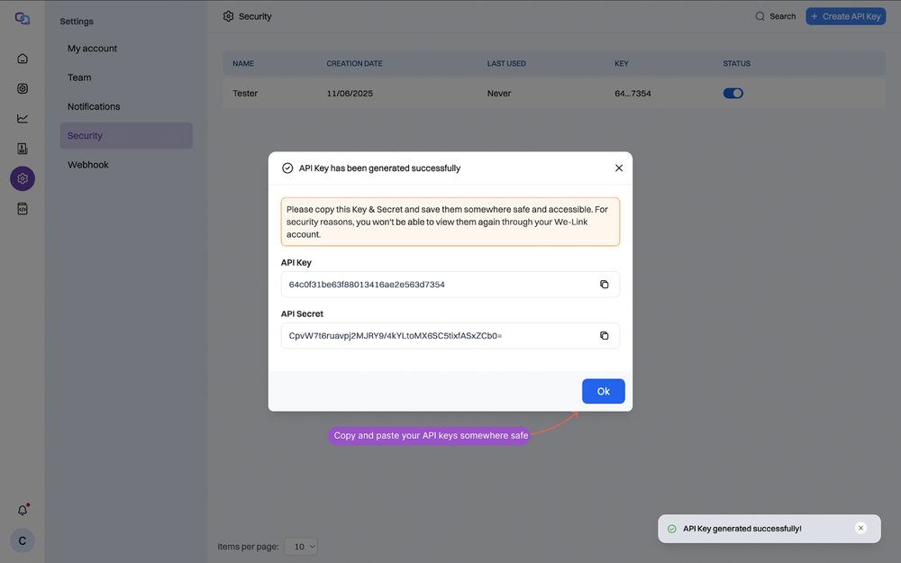 API key and secret displayed